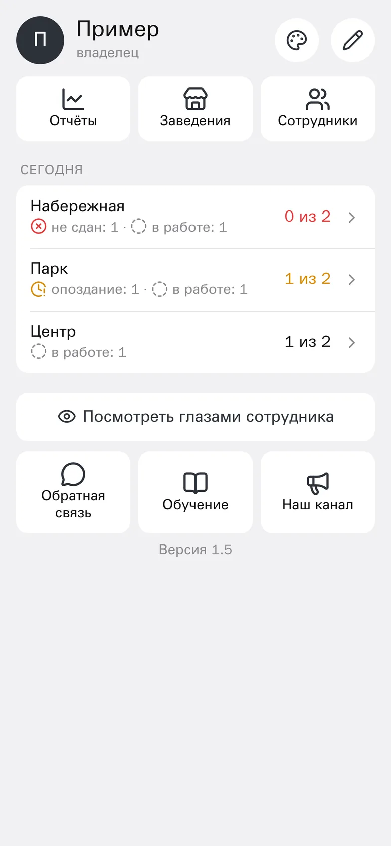 Главный экран СменаОК: статус дня по трём заведениям — сколько чек-листов сдано, опоздания и несданные